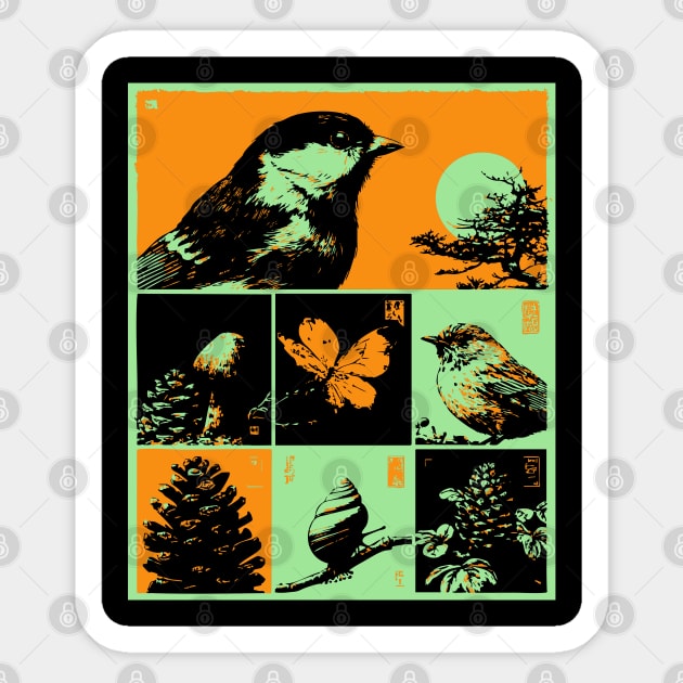Japanese Nature Study - Ukiyo-e Bird and Frog Art Sticker by TuncGK